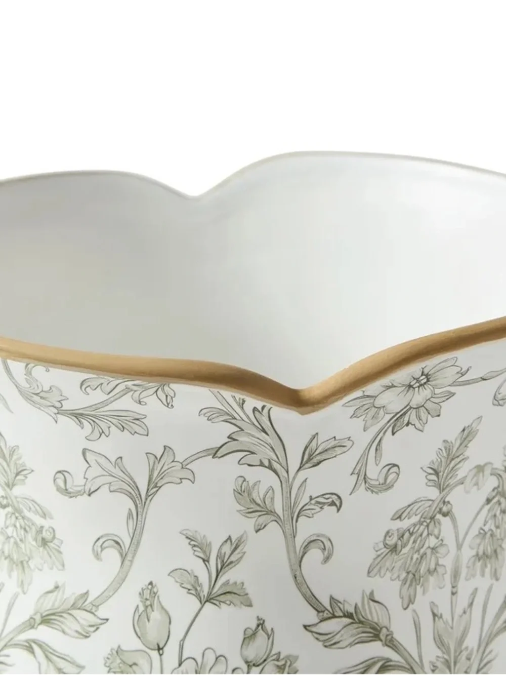 My Texas House 8” White/Green Floral Scallop Trim Ceramic Vase